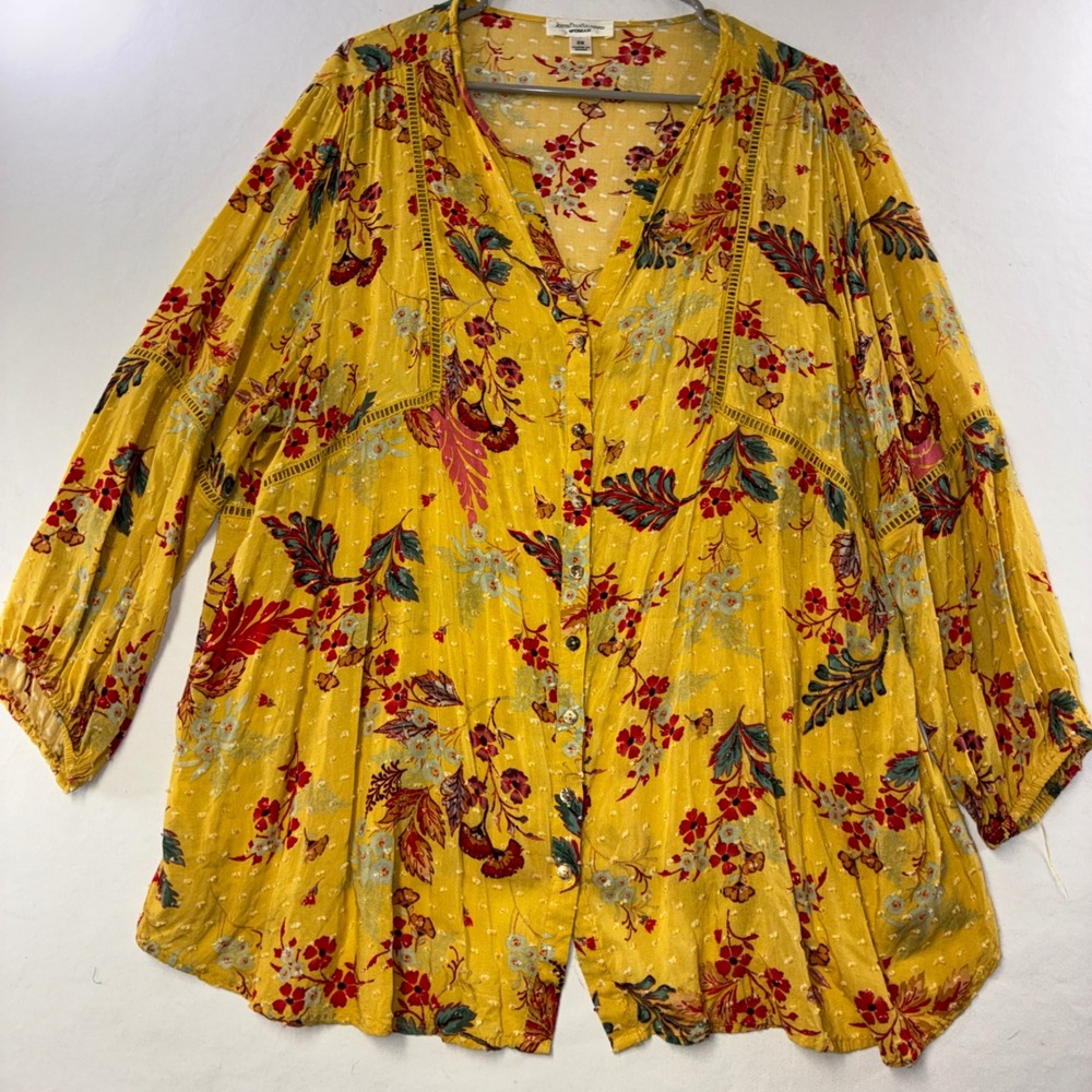 543 Boho John Paul Richard Woman Peasant Tunic 2X Yellow Floral Clip Dot Lace